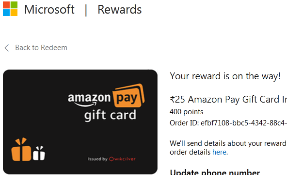 Microsoft Rewards payment proof